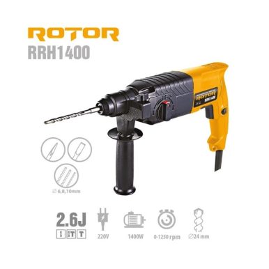 Перфоратор ROTOR RRH1400, SDS-plus, 1400W, 2.6J